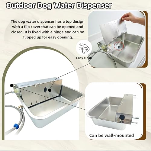 Stainless Steel Automatic Pet Waterer with Flip-Top & Wall Mount | Outdoor Auto-Fill Water Bowl with Adjustable Float,Wide Drinking Area,Easy To Clean,for Dogs,Chickens & Other Poultry - size: Large-Flip cover