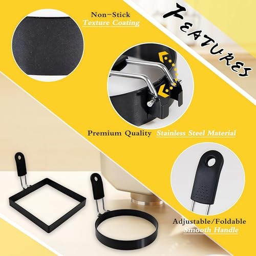 4 Pack Egg Rings for Frying Eggs, Round & Square Egg Cooking Stainless Steel, for English Muffins Pancake, with Silicone Handle