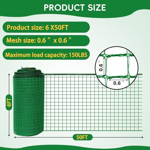 Plastic Mesh Fencing 6FT x 50FT, Garden Bird Netting & Deer Fence, Temporary Animal Barrier for Deer Pets Rabbits Chickens Wildlife, Green Protective Netting for Plants Fruit Vegetables - size: 6x50 FT