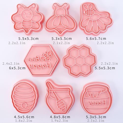 Bee Cookie Cutters with Cookie Stamps 8Pcs Honeycomb Fondant Baking Molds | Bee Honey Jar Honeycomb Cookie Molds, Ideal DIY Baking Supply for Bee Party, Baby Shower & Gift Making - color: Honeycomb