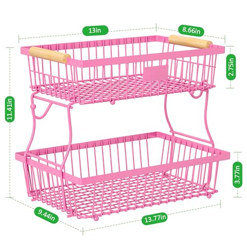 2 Tier Fruit Basket for Kitchen Counter with 2 Banana Hangers, Countertop Metal Fruit Bowl with Wooden Handle, Large Storage Stand for Vegetables, Snacks, Breads, Produce Storage – Rose Pink - color: Rose Pink, size: 2 Tier