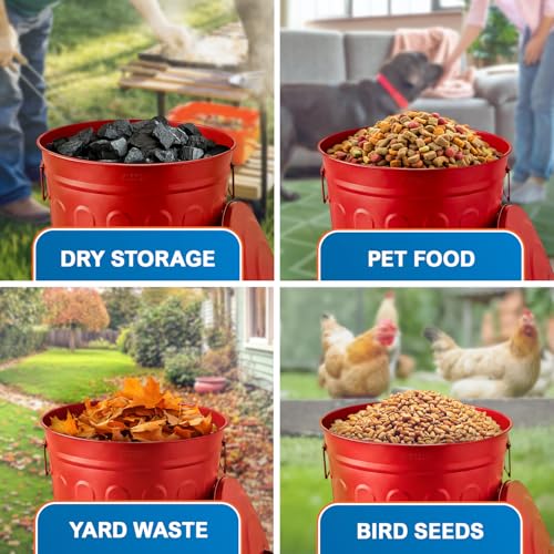 Plexon Metal Trash Can with Lid 13 Gallon, Decorative Outdoor Trash Can Heavy Duty Galvanized Metal Bucket with Lid for Garage Workshop Storage Farmhouse, Red - color: Red