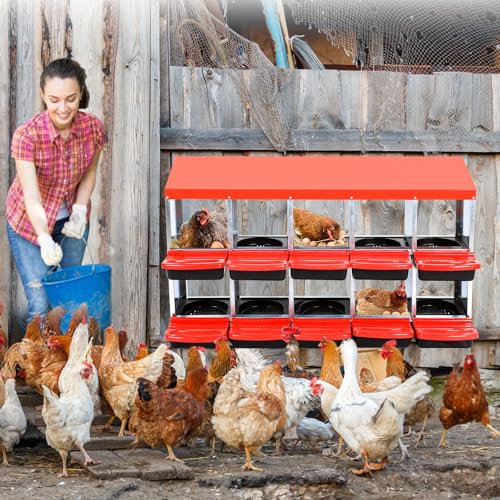 Garvee Chicken Nesting Boxes, 10 Hole Metal Chicken Laying Box with Removable Trays and Roll Out Egg Collection for Chicken Coop, Red - color: red, size: 10 Holes