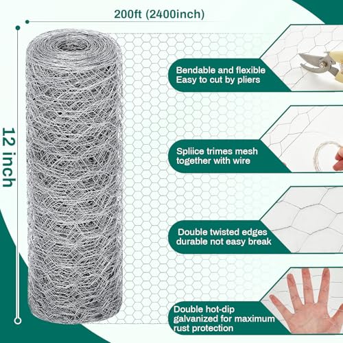 GlikCeil 12 in X 200 ft Chicken Wire Fencing Metal Floral Chicken Wire Mesh for Crafts Poultry Garden, 1 Inch Hexagonal Galvanized Hardware Cloth Netting for Poultry Coop Barrier Rabbit Cage (Silver) - color: Silver, size: 12 in X 200 ft