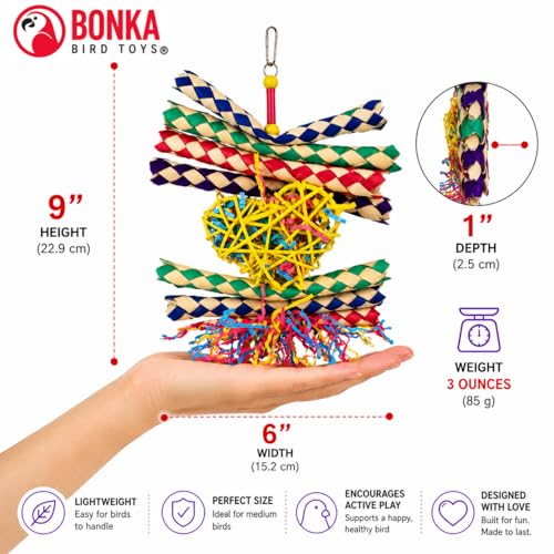 Bonka Bird Toys 1730 Foraging Valentine Heart Bird Toy for Medium Birds Shredding and Chewing Cage Toy Colorful Palm Leaf and Paper Foraging Toy 9" x 6" - color: Foraging Heart