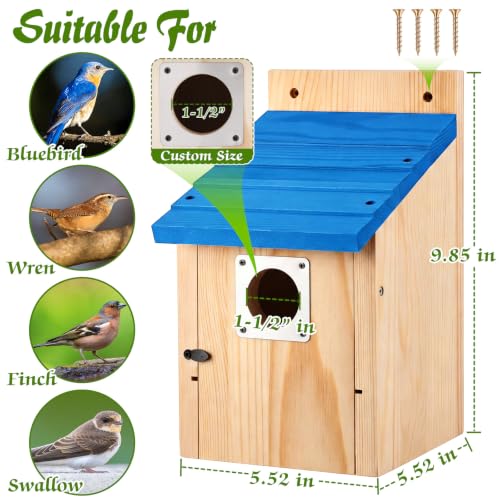 Dreyoo 4 Pack Bluebird Houses for Outside with Metal Predator Guard, 1-1/2" Entrance Hole Wooden Blue Bird Houses for Outdoors, Bluebird Nesting Box(Blue Roof, Wood Body) - color: Blue Roof, Wood Body
