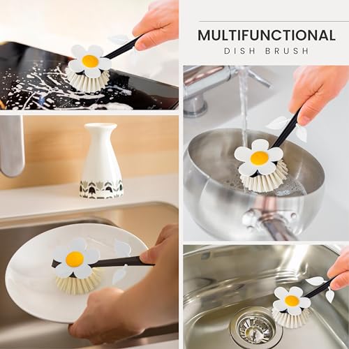Vigar Flower Power Dish Brush with Handle and Vase Holder - White, Black | Flower-Shaped, Scrub Brush for Dishes, Dishwashing Brush, Kitchen Scrub Brush, Pot Scrubber, Kitchen Essentials - color: White
