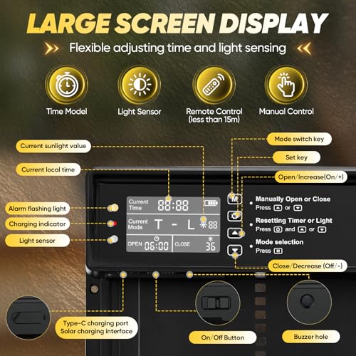 Sakerplus Automatic Chicken Coop Door Solar Powered, Automatic Chicken Door with Timer, Light Sensor, 4 Modes and LCD Display, Aluminum Alloy Auto Chicken Door, Anti-Pinch & Weather Proof