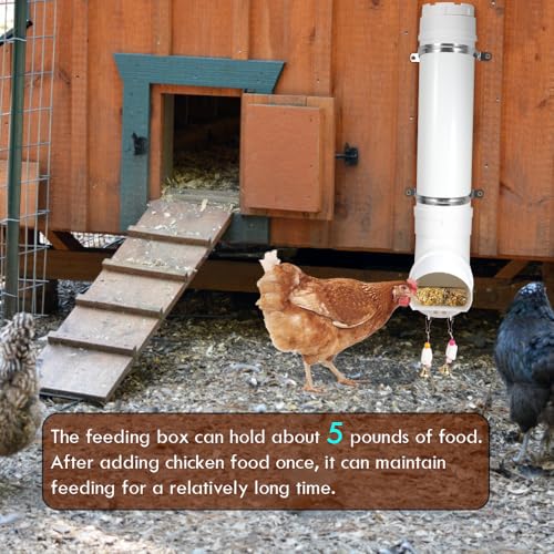 Kalakey Automatic Chicken Feeder, Hanging PVC Tube Chicken Coop Feeder with Chew Toy Bell, Holds 6lbs Feed for Hens Chicks, Grit and Oyster Shell Feeder