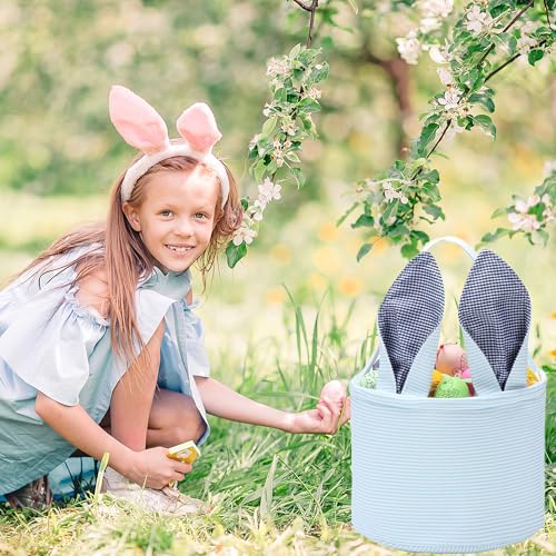 Easter Basket Seersucker Egg Hunt Bunny Baskets for Kids with Cute Rabbit Ears Stripe Storage Gifts Candies Personalized Easter Party Gifts… - color: Seersuck blue2