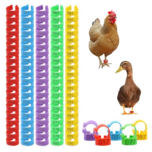 200 Pieces 20 MM Plastic Chicken Leg Bands with 5 Colors, Reusable Colorful 01-100 Numbered Chicken Foot Tags, Clip-On Round Poultry Leg Bands for Ducks Chicks Goose Turkey Pigeons