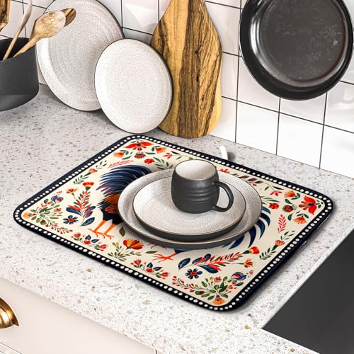 Roosters Chicken Dish Drying Mat for Kitchen Counter Absorbent Microfiber Drying Pad 16 x18 In - color: Chicken Art White, size: 18" x 16"