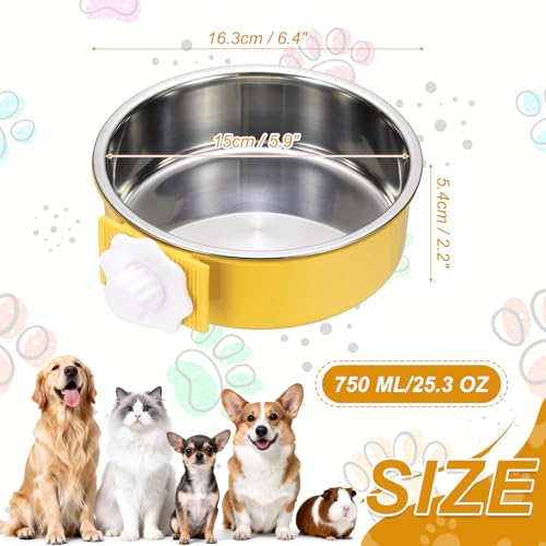 Crate Dog Bowl, Removable Stainless Steel Pet Cage Hanging Anti-Overturn Food Water Feeder Cage Cup (Round, Yellow, 25.3oz), Intended for Puppies/Cat/Rabbit/Bird - color: Yellow, size: 6.4"(25.3oz)