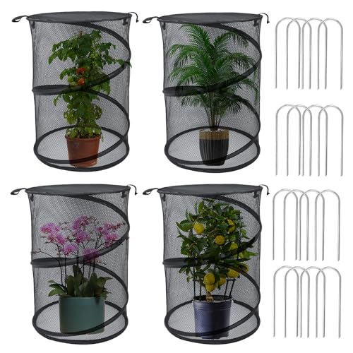 4 Pack Pop up Plant Covers Tent from Animals, 20"H X 13"D Insect Barrier Mesh Plant Guard Cover Net Black Garden Plant Protectors Mini Greenhouse Plant Protection Cage with Stakes for Outdoor Plants - color: Black