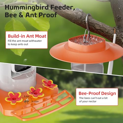Hummingbird Feeder with Camera Outdoor, Solar Powered Hanging Bird Feeder | Ant Moat & Bee-Proof, AI Bird ID, HD 2K, Instant App Alerts, Auto Capture, Garden Gift for Hummingbird Lover & Mom Dad, 21oz - color: Orange