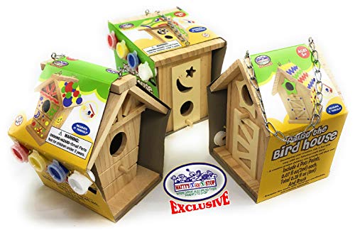 Matty's Toy Stop Paint Your Own Small Wooden Birdhouses (Includes Paints & Brushes) Gift Set Bundle - 3 Pack