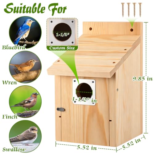 Dreyoo Bluebird Houses for Outside, 1-1/2” Entrance Hole Wooden Bird Houses for Outdoor with Metal Predator Guard, Secure Latch, Fledgling Grooves, Air Vents(Wood) - color: Wood
