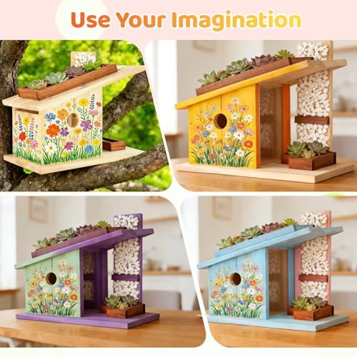 Modern Birdhouse Woodworking Kit, Natural Cedar Wooden birdhouses for Outdoors with Paint Set, Creative DIY Birdhouse Gift, Build Your Own Bird House Kit