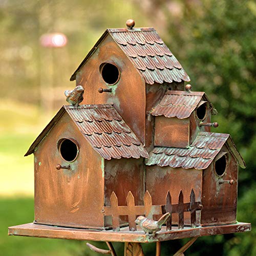 Large Copper Colored Multi-Birdhouse Stakes, Room for 4 Bird Families in Each (Rectangular Houses with Classic Roofs) - style: Rectangular Houses with Classic Roofs