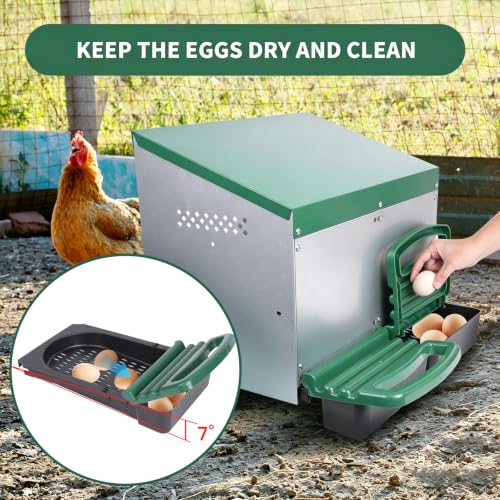 Chicken Nesting Box, 2 Holes Nesting Boxes, Heavy Duty Metal Laying Boxes, Roll Away Nesting Box Egg Collection Tray, with Roosting Pole for Chicken Coop(Green) - size: 22.0"L x 25.5"W x 18.5"H