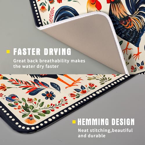 Roosters Chicken Dish Drying Mat for Kitchen Counter Absorbent Microfiber Drying Pad 16 x18 In - color: Chicken Art White, size: 18" x 16"