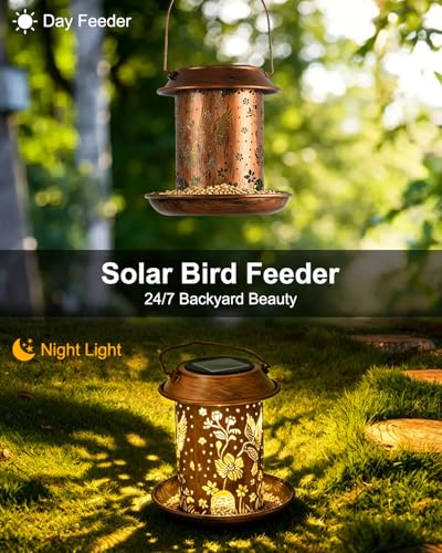 Solar Bird Feeder for Outdoors, Hanging Metal Bird Feeders with Flying Bird Carved Design, Auto-On Night Light, for Hummingbirds Cardinals Orioles Finches Bluebirds, Unique Gift for Bird Lovers - size: 6.4”