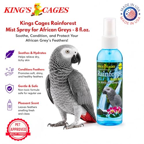 King's Cages Rainforest Mist Spray 8 oz. African Grey Pk2 Feather Conditioning Spray with Baby Powder Scent for Medium Bird Breeds Skin Relief and Plumage Care (Pack of 2) - size: Pack of 2