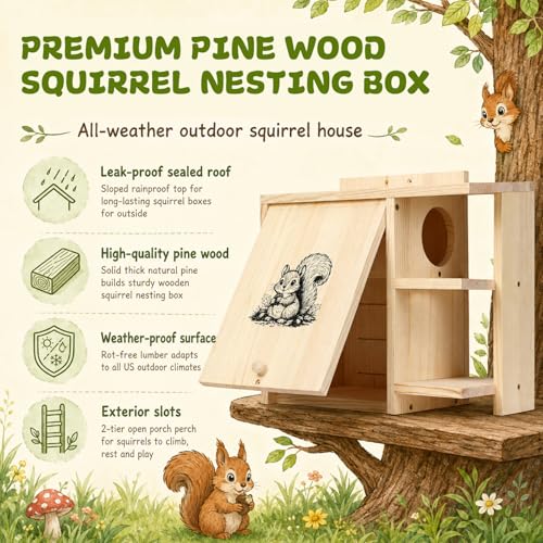Large Widened Squirrel House for Outside, Waterproof Squirrel Nesting Box | External Platform & Porch, Anti-Predator Squirrel Box for Backyard, Solid Pine Wood, Easy to Assemble, DIY, 16×14.5×8 Inch