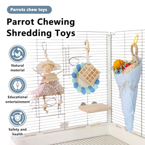 Parrot Chew Toys Set - Natural Wood & Loofah Toys with Plant-Based Dyes, 3 Pack Bird Chew Toys for Cockatiels, Conures & Small Parrots for Cage Enrichment (3 Pieces of Blue Series) - color: 3 pieces of blue series