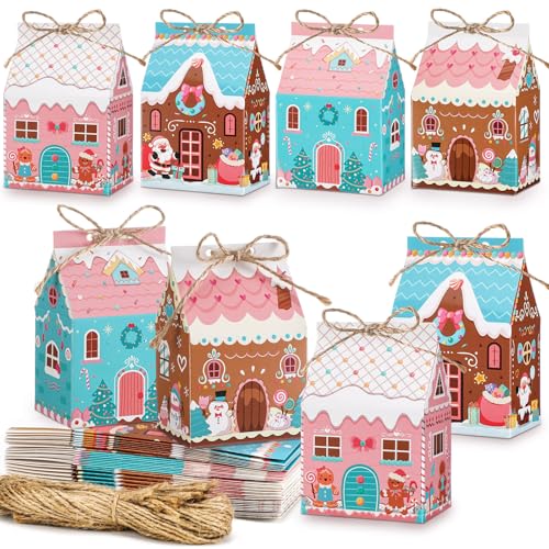 Zhanmai Christmas Treat Boxes Candy Gingerbread House Mini Christmas Party Favor Box Small Paperboard Gift Container for Xmas Holiday Party Treat Cookie Goodie Snack Gift Packaging - style: Pastel House