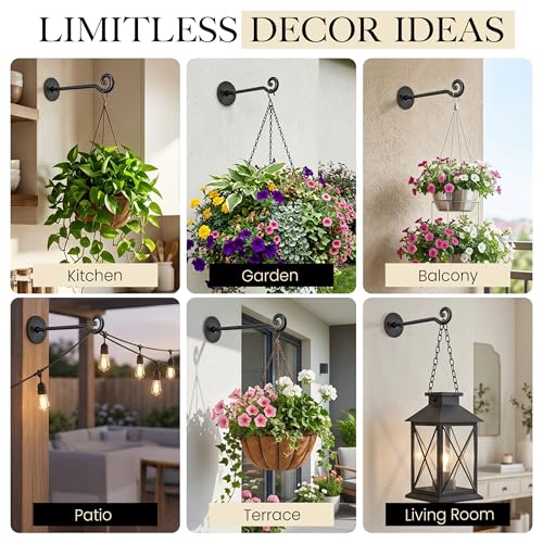 Plant Hangers Outdoor or Indoor Heavy Duty Wall Bracket Hooks | Wrought Iron Metal Hanger Indoor Hook for Hanging Plants Baskets Lanterns Bird Feeders - 2 Pack (Black Swirl Hooks 7.5") - size: 7.5 Inch, style: Swirl Hooks