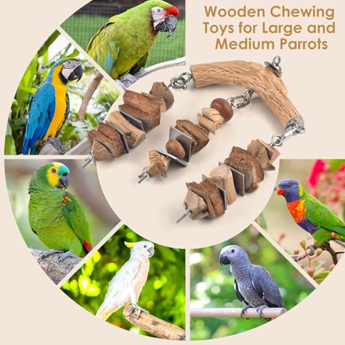 DBNESS Bird Parrot Toys, Hanging Medium Large Birds Wooden Chew Blocks with Stainless Steel Natural Chewing Cage Bite Toy for Juvenile Macaws African Greys Cokatoos Amazon Parrots - style: Triple String