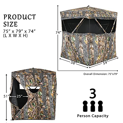 Tangkula 3 Person Pop up Ground Blind, Portable Hunting Blind with Mesh Windows, Carrying Bag & Ground Stakes, Camouflage Hunting Tent with Hub System, Camo Deer Blinds for Hunting - style: Slide Window