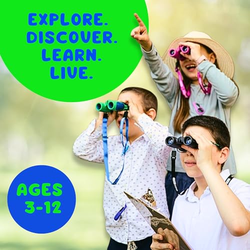 Kids Binoculars Ages 3-12, 8x21 Compact Shockproof Green | bird watching, camping, hiking, for boys and girls, includes carry case, neck strap, compass, carabiner, birthday gift - color: Green/Blue