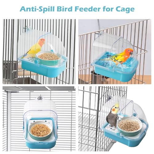 2 in 1 No Mess Bird Feeder,Bird Cage Feeder with Ceramic Bowl and Parrot Bathtub with Bottom Drawer Hanging Tube Shower Box for Birds Budgies Parakeet Small Parrot Cockatiels(Blue) - color: 【Blue】