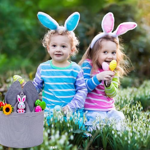 Easter Basket Seersucker Egg Hunt Bunny Baskets for Kids with Cute Rabbit Ears Stripe Storage Gifts Candies Personalized Easter Party Gifts… - color: Seersuck Navy