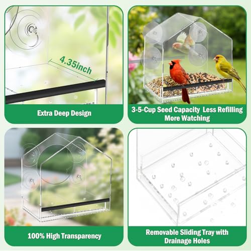Window Bird Feeder with Strong Suction Cups - Removable Tray | Extra deep 4.35" detachable tray, 2.36" heavy duty suction cup, clear bird feeder for window, fits finches, cardinals - color: Clear, size: 4.35IN