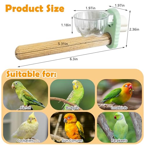 Kathson 3Pcs Bird Perch Feeding Cup Natural Wood Perches with Removable Bird Feeder for Cage Parrot Stand for Parakeets, Budgies, Cockatiels,Parrots, Birds Chewing Stick (Green) - color: Green