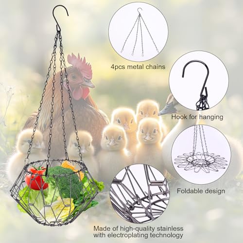 Hanging Chicken Feeder 6.5in, Foldable Poultry Treat Dispenser Ball | Chicken Enrichment Toys With 17in Hanging Chain, Poultry Feeding Equipment Rat Proof for Chicken/ Hens/ Duck/ Rabbits Coop - size: 2 Pack
