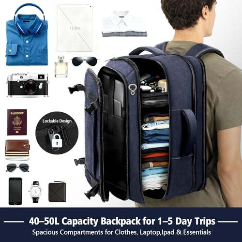 Travel Backpack with LifetimeWarranty,Expandable Carry on Backpack,Blue | 35-45L Cable Access Port,Fits 17.3"Laptop,Flight TSA friendly,Anti Theft Laptop Backpack Travel,Commuting - color: Blue, size: Standard（35L-45L）