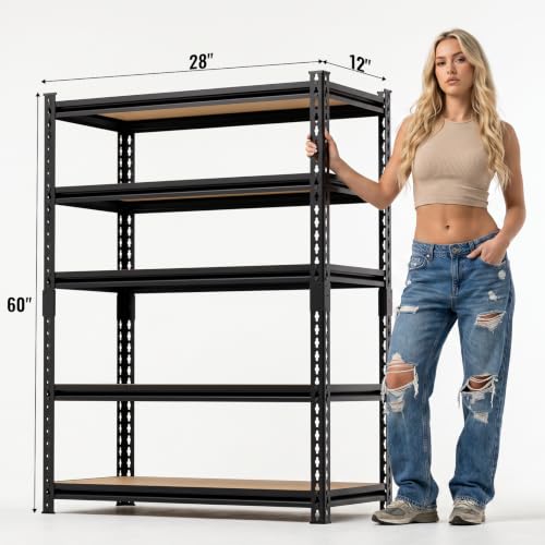 5 Tier Garage Shelving, Adjustable Heavy Duty Garage Shelves | 60 "H Metal Storage Shelves Unit for Basement,Warehouse,Pantry Kitchen - size: 60*28*12