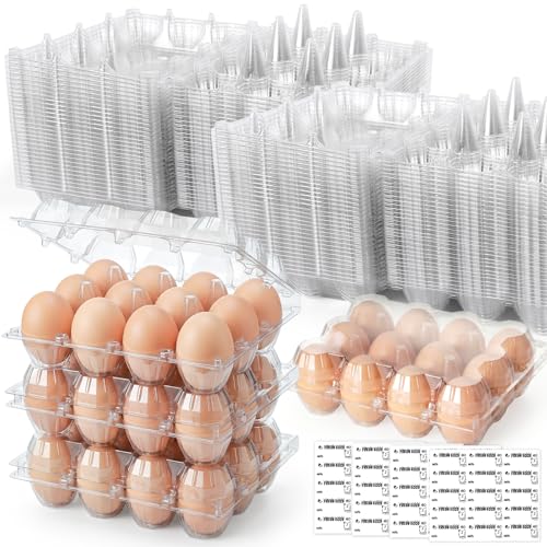 100 PCS Plastic Egg Cartons Bulk with Date Labels, 12 Count | Clear Reusable Egg Holder for Fresh, Medium Eggs Storage, Suitable for Farms, Families, Markets Display