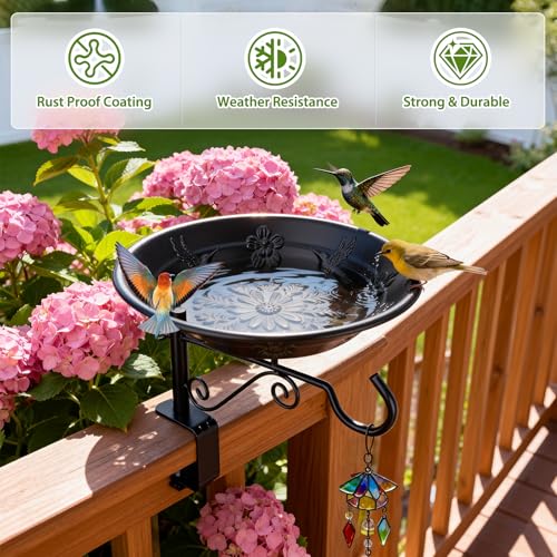 Balcony Bird Feeder, Bird Bath with Plant Hook for Outdoors, Black | Deck Mounted, Heavy Duty, Garden Hanger for Hanging Planters, Lanterns, Wind Chimes, Easy to Install, Gifts for Women Men - style: 1 Tray with Hook