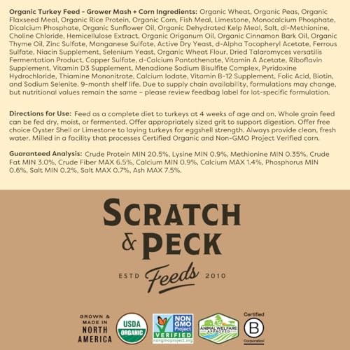 Scratch and Peck Feeds | Grower Mash + Corn for Turkeys | 40 lb Bag | 20.5% Protein, Soy Free, Fermentable Whole Grains, Certified Organic & Non-GMO Project Verified, Complete Nutrition