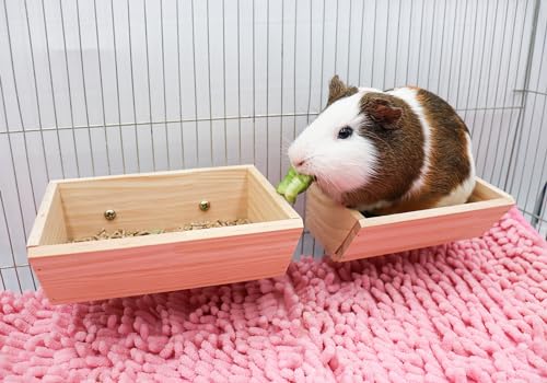2 Pcs Guinea Pig Feeder Box, Wooden Small Animal Food Feeder, Hanging Rabbit Food Bowl, Small Animal Cage Accessories, Suitable for Rabbit Bunny Chinchilla Guinea Pig Hamster