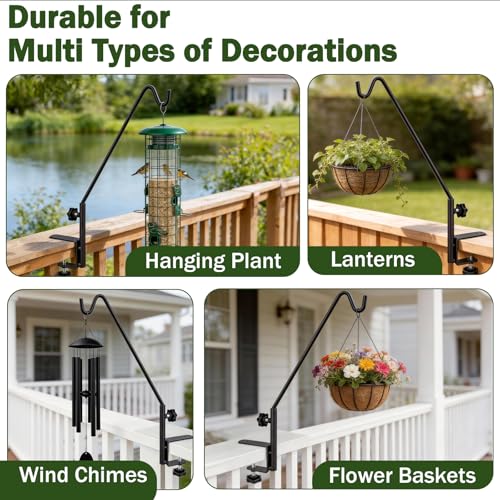 15 Inch Deck Hooks Hanger for Railing 2 PCS, 360° Swivel Adjustable | Heavy Duty Solid Shepherds Hooks for Outdoor Hanging Plants, Deck Hook for Bird Feeder, Railing Plant Hanger Bracket Outdoor - size: 15Inch -2PCS