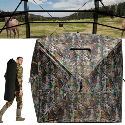 Portable Hunting Blind for 3-4 Persons for Turkey Duck Hunting | 270° See Through Ground Deer Blind with Silent Windows, Windproof Pop Up Blind with Carry Bag, Tent Stakes and Wind Ropes