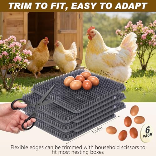 Gray 6 Pack Chicken Nesting Box Pads with 6 Pcs Fake Wooden Eggs Washable Artificial Grass Nesting Pads Reusable Plastic Bedding Laying Mats for Chicken Coop, 12" x 12" - color: Gray