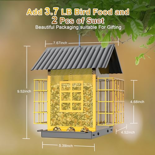 FlowaFoli Bird Feeders for Outdoors Hanging, Metal Bird Feeder with Double Suet Cage Cake, Large Capacity, Birdfeeders Sturdy & Weatherproof, Easy to Clean & Refill, Great for Attracting Wild Birds - color: Yellow