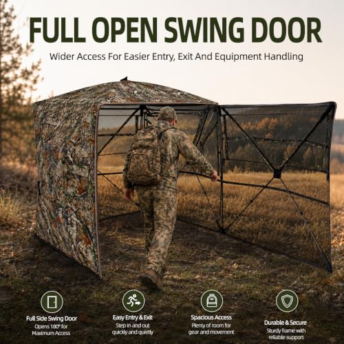 Hunting Blind See Through, Pop Up Ground Deer Blind, Large Door | 270/288/360 Degree See Thru, 1/2/3/4 Person Hunting Camouflage Tent, With/Without floor, Swing/Diamond/Horizontal Door Design - size: 3-4 Person, style: 360°/Swing Door
